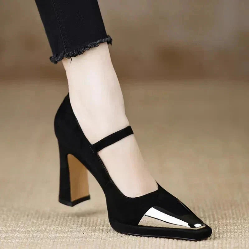 Women's Mary Jane Pumps Cap Toe Block Heel Strap