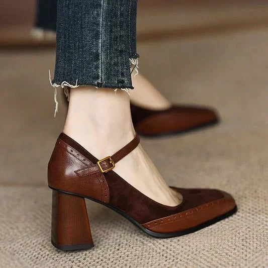 Women's Block Heel Pumps Ankle Strap Brown Leather - Fashinoza