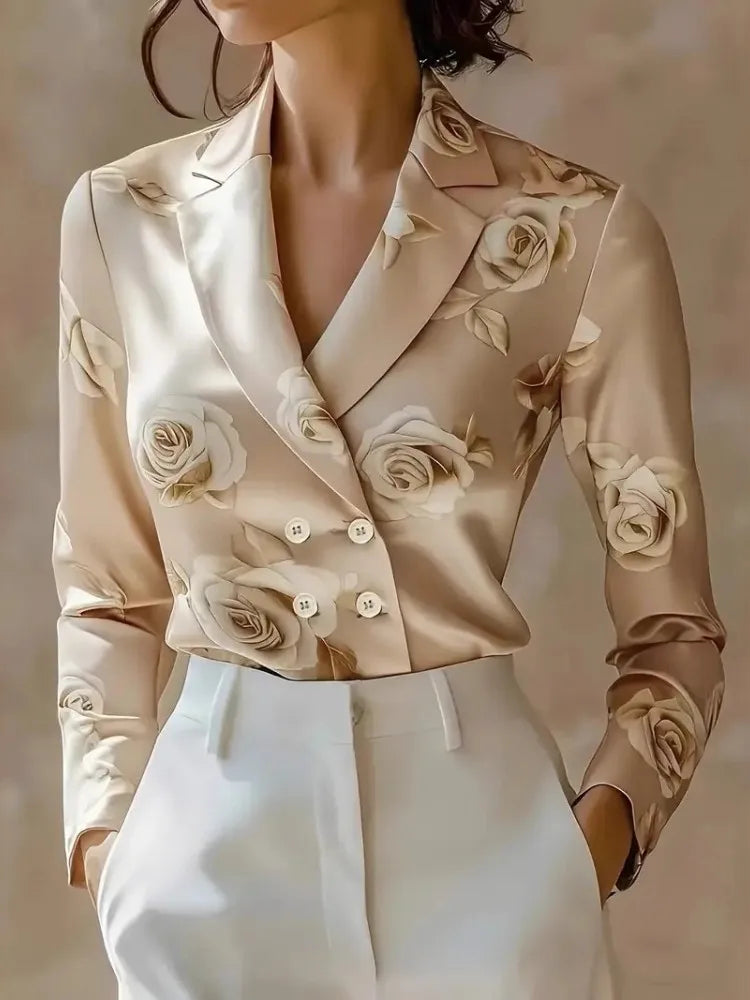 Women's Satin Blouse Double-Breasted Floral Print - 
Fashinoza