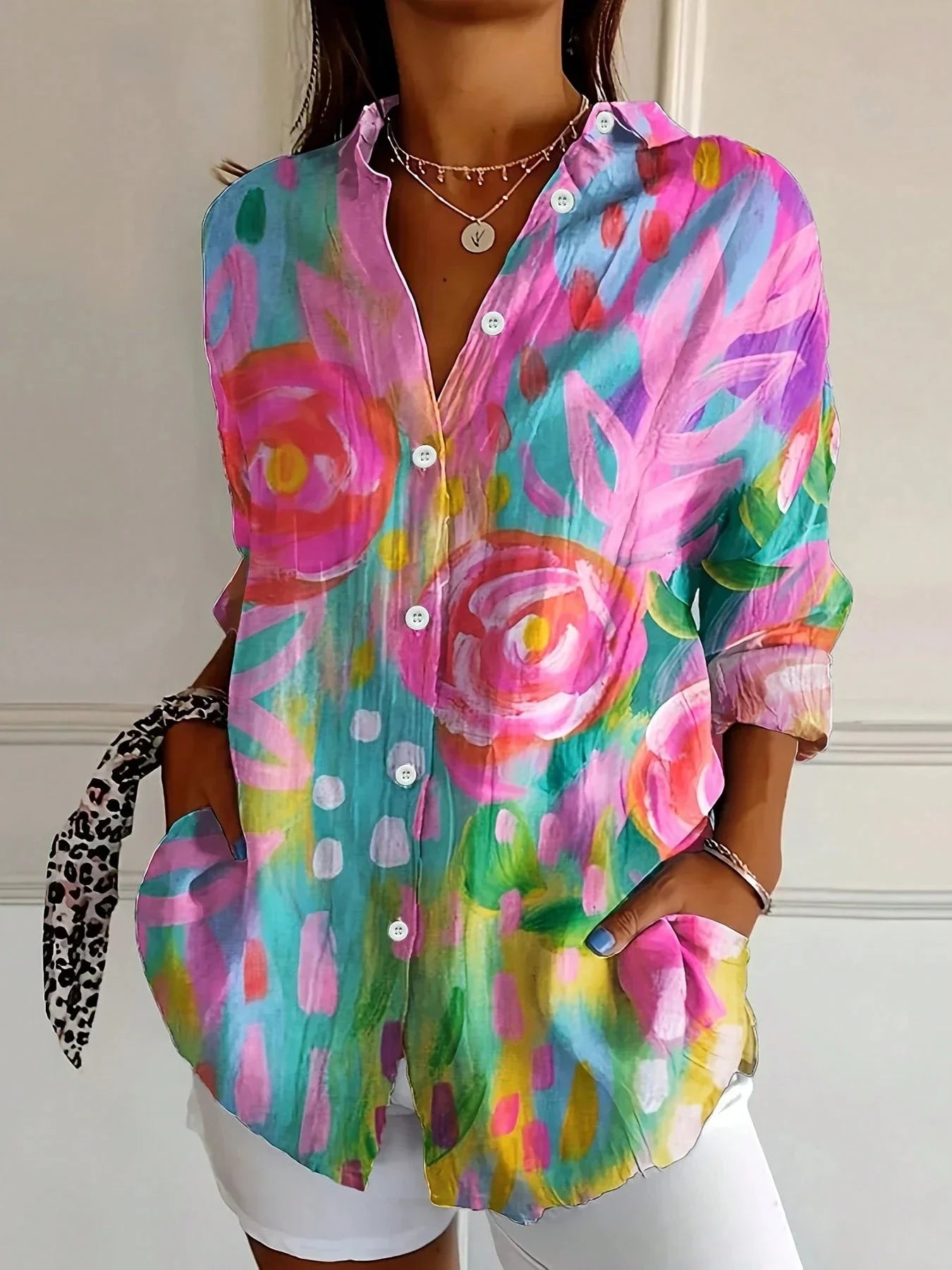 Women's Colorful Blouse Playful Print - Fashinoza
