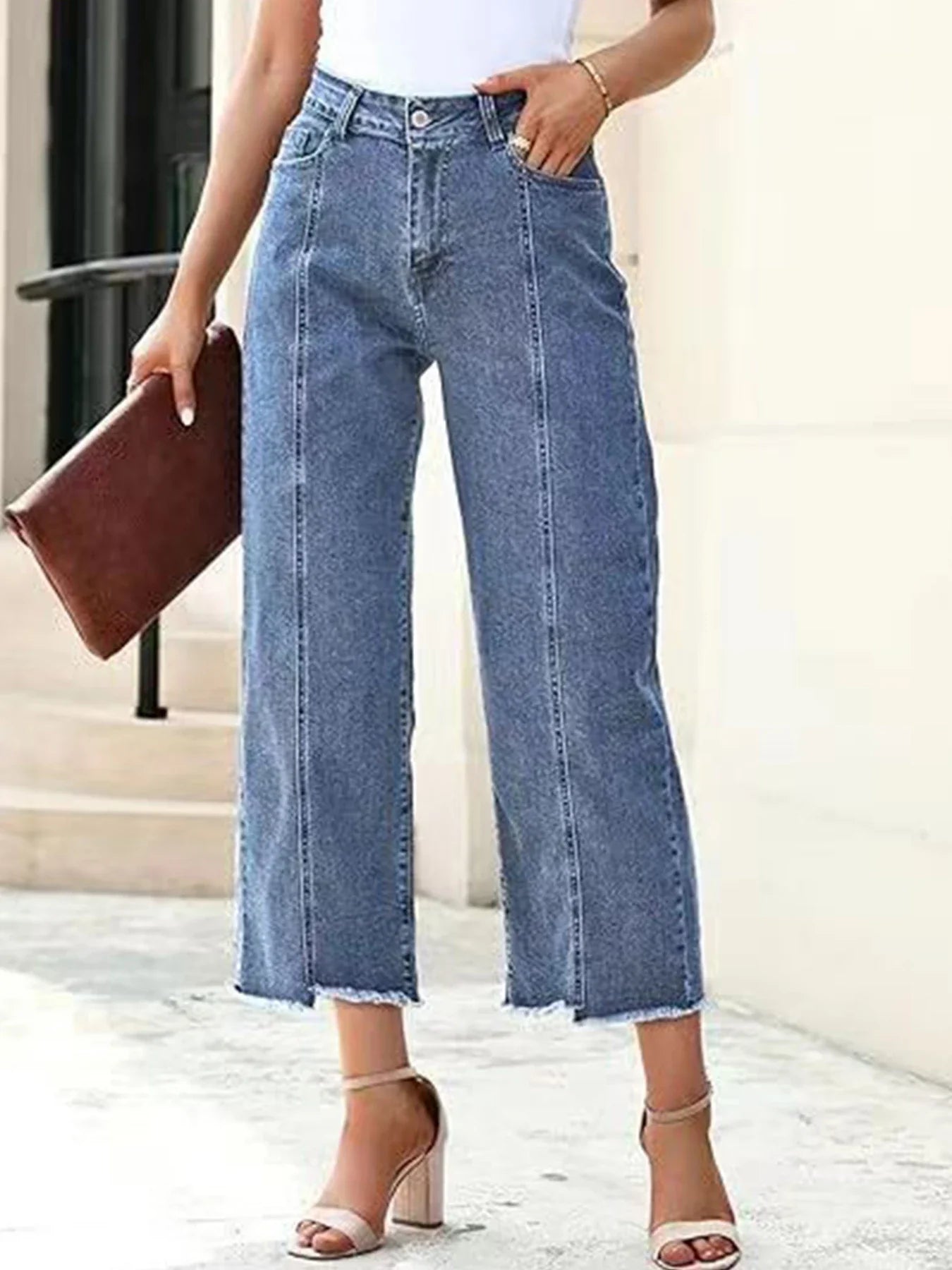 Women's High Waist Wide Leg Jeans 3/4 Length Straight