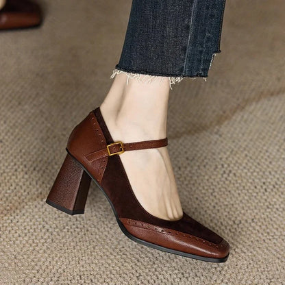 Women's Block Heel Pumps Ankle Strap Brown Leather