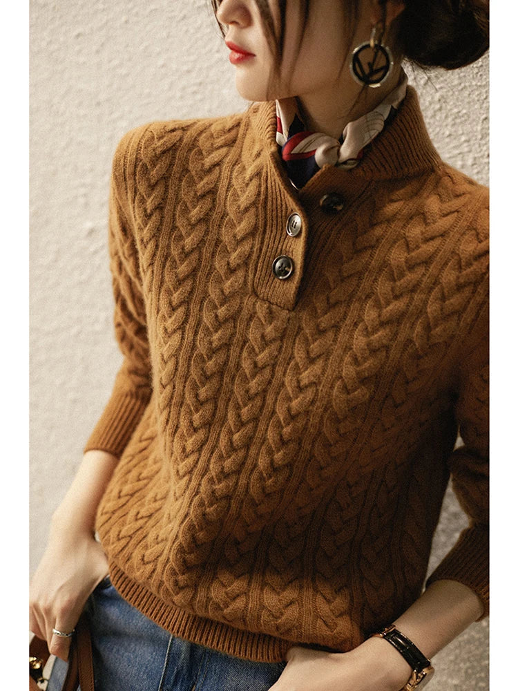 Cable-Knit Button Collar Sweater