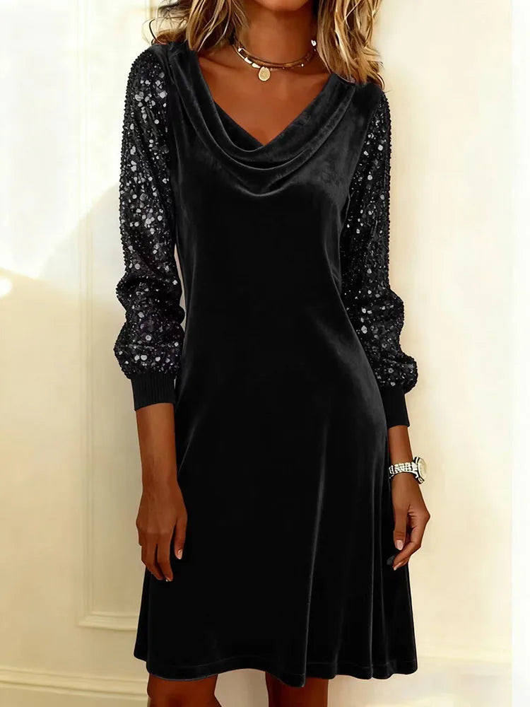 Draped Neck Sequin Sleeve Midi Dress