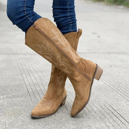 Women's Cowboy Boots Embroidered Brown Leather Chunky Heel