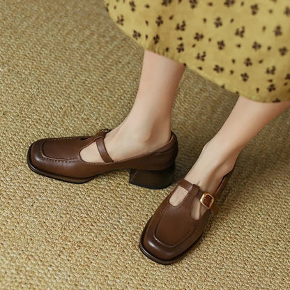 Women's T-Strap Mary Jane Square Toe Low Heel Shoes