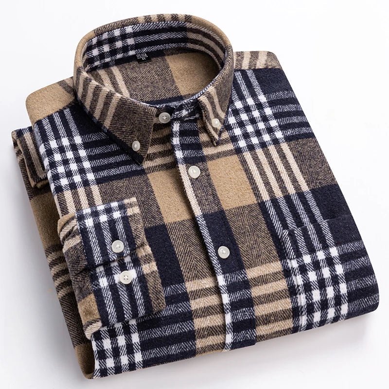 Men's Plaid Button Shirt Pointed Collar Chest Pocket