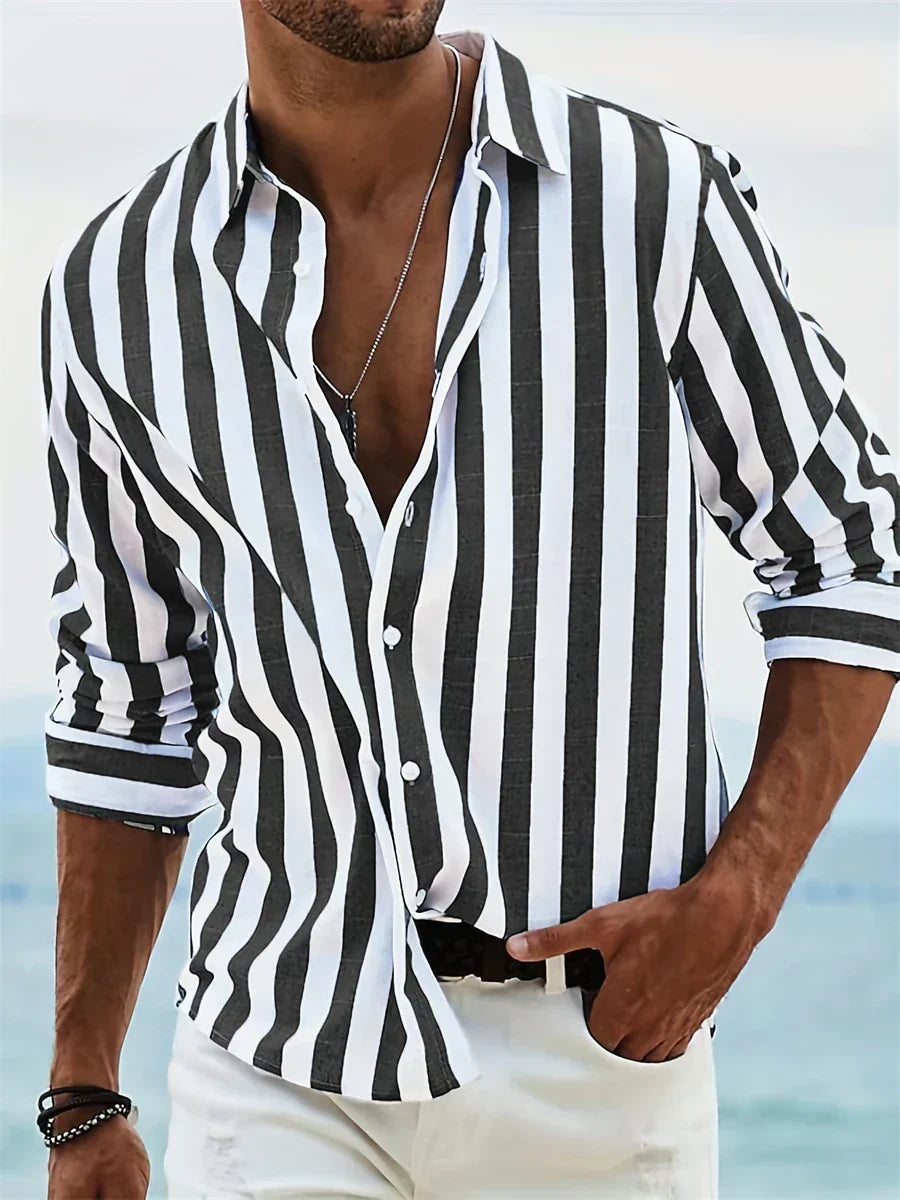 Men's Long Sleeve Shirt Vertical Stripes Button Front Spread Collar