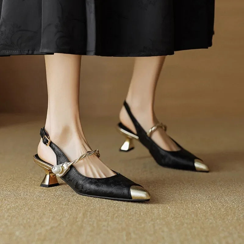 Women's Pearl Kitten Heel Pumps Pointed Toe Slingback