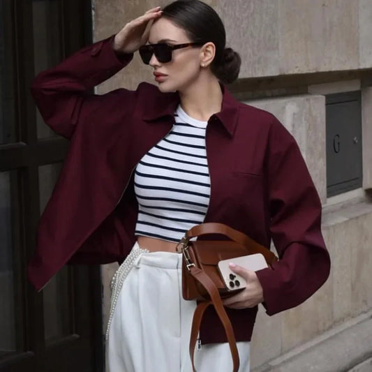 Women's Cropped Bomber Jacket Long Sleeve - Fashinoza
