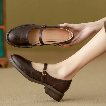 Women's Leather Mary Jane Shoes Low Block Heel Strap