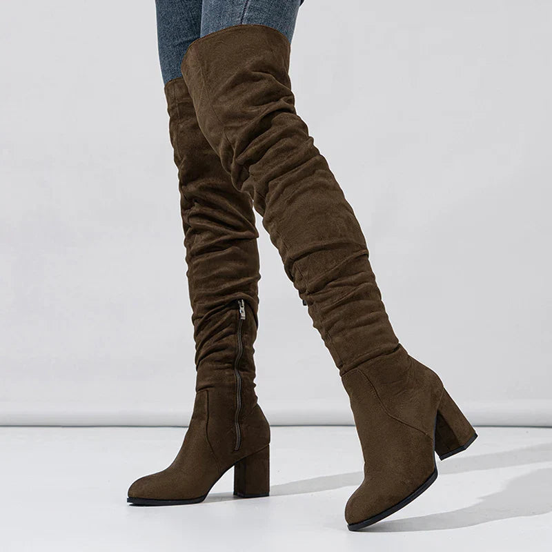 Women's Knee High Boots Pointed Toe Block Heel Slouch Design Black