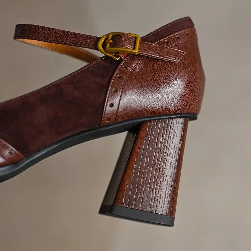 Women's Block Heel Pumps Ankle Strap Brown Leather