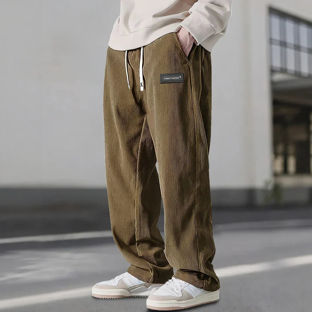 Men's Straight Leg Ribbed Pants Drawstring Waist