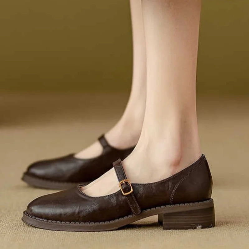 Women's Leather Mary Jane Shoes Low Block Heel Strap