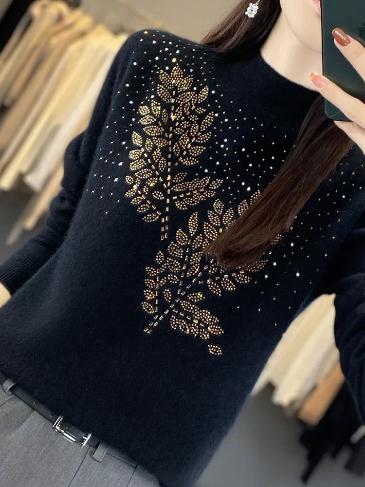 Women's Beaded Sweater Floral Embellishment