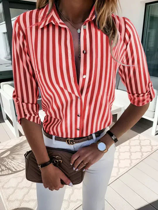 Hazel | Women Spring Blue Striped Button Down Shirt
