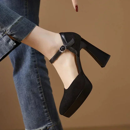 Women's Ankle Strap High Heels Block Pumps