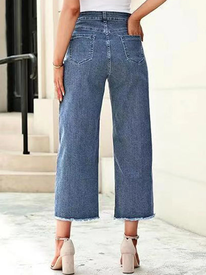 Women's High Waist Wide Leg Jeans 3/4 Length Straight