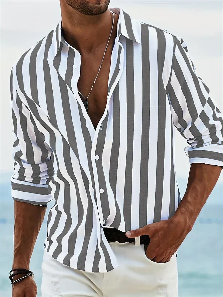 Men's Long Sleeve Shirt Vertical Stripes Button Front Spread Collar