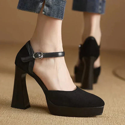 Women's Ankle Strap High Heels Block Pumps