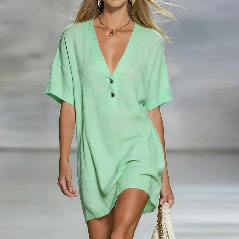 Linen V Neck Shirt Dress