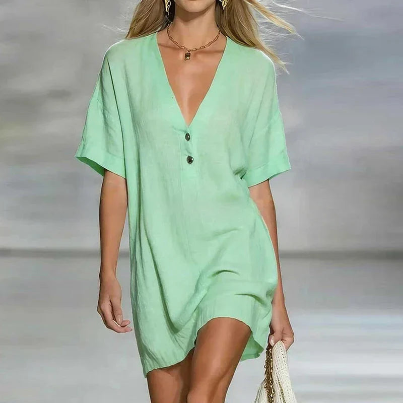 Women's Linen V Neck Shirt Dress