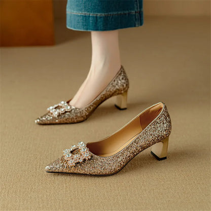 Women's Glitter Pumps Pointed Toe Crystal Buckle Heels