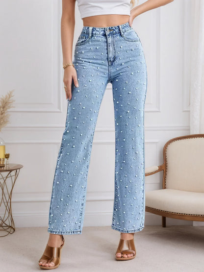 Women's Straight Jeans Pearl Five-Pocket Machine Washable Classic