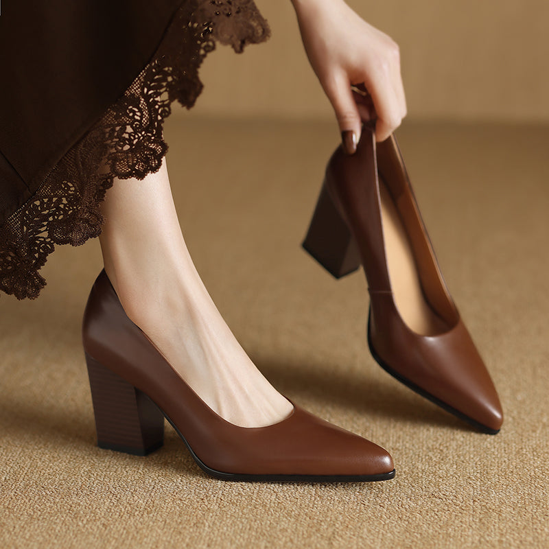 Women's Pointed Toe Pumps Block Heel Slip On Shoes - Fashinoza