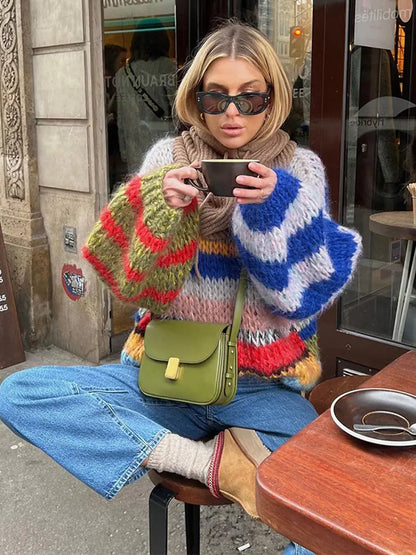 Women's Striped Knit Sweater Multicolor Long Sleeve
