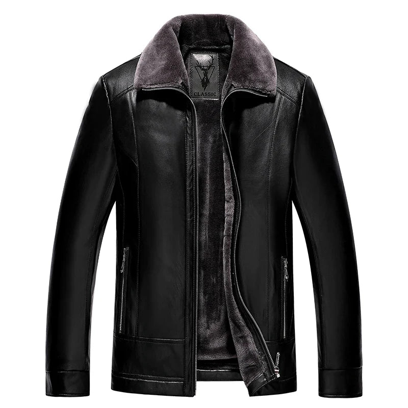 Men's Leather Motorcycle Jacket Fleece Lined Warm Winter Coat