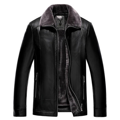 Men's Leather Motorcycle Jacket Fleece Lined Warm Winter Coat