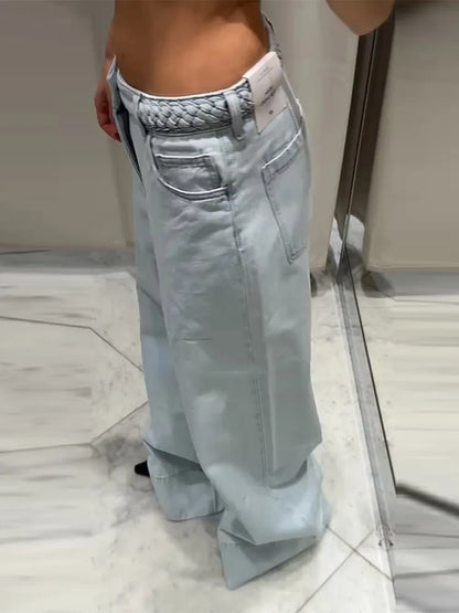 Women's Wide Leg Denim Trousers Low Waist Blue