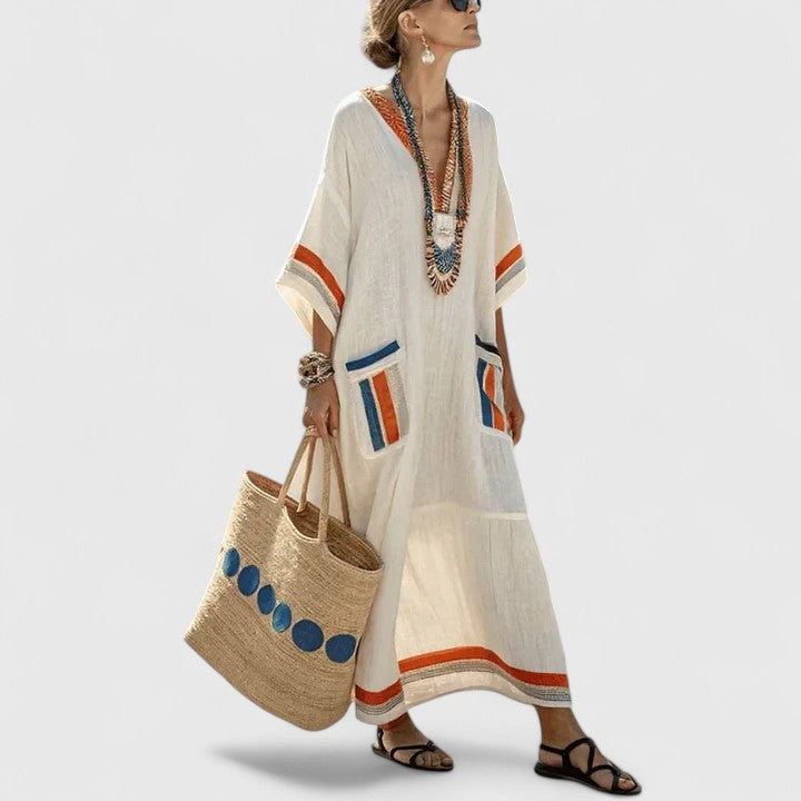 Women's Linen Maxi Dress V-Neck Striped With Pockets