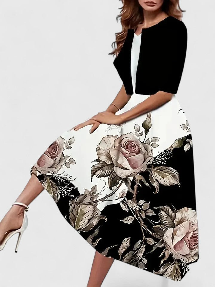 Women's Floral Midi Dress 3/4 Sleeve A-Line