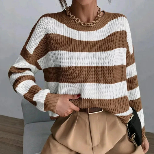 Women's Striped Crewneck Sweater Relaxed Fit Cozy - 
Fashinoza