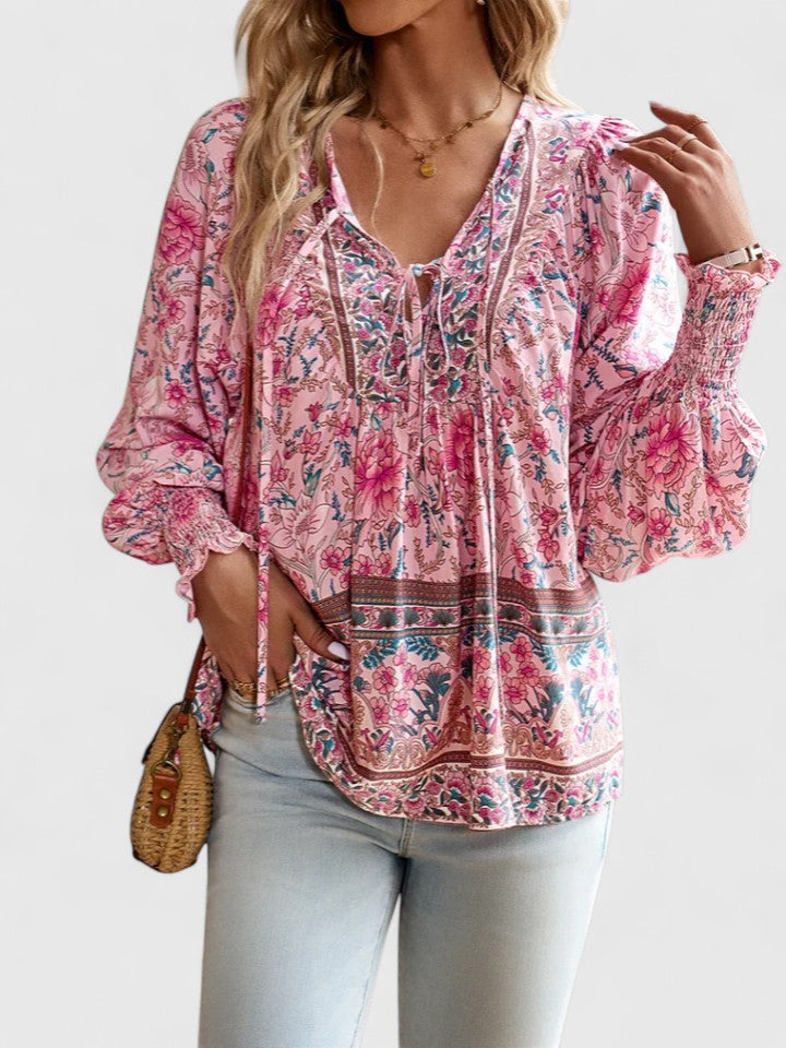 Women's V-Neck Puff Sleeve Blouse Floral - Fashinoza