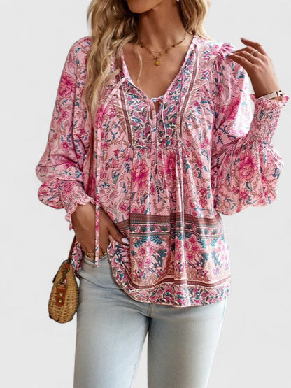 Women's V-Neck Puff Sleeve Blouse Floral - Fashinoza