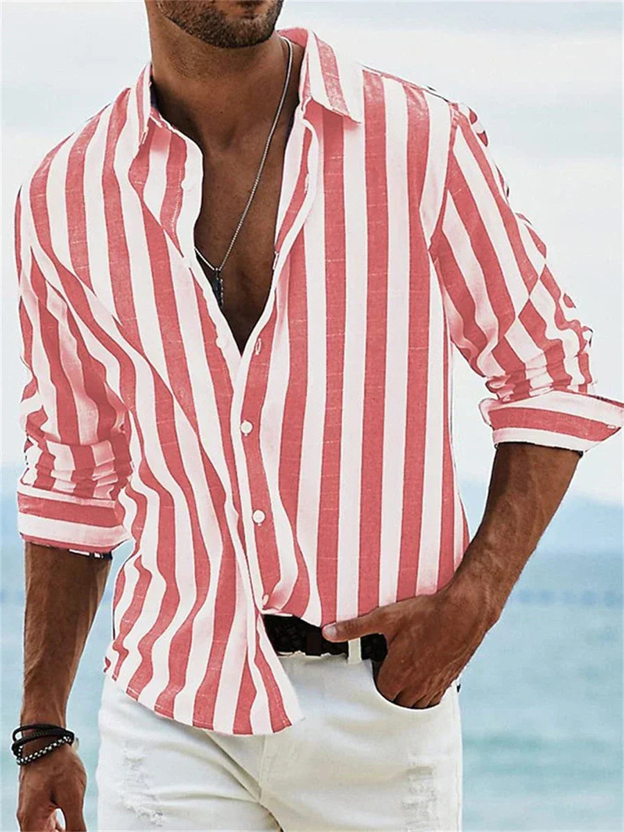 Men's Long Sleeve Shirt Vertical Stripes Button Front Spread Collar
