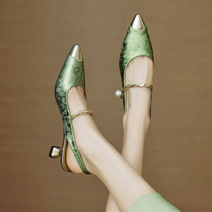 Women's Pearl Kitten Heel Pumps Pointed Toe Slingback