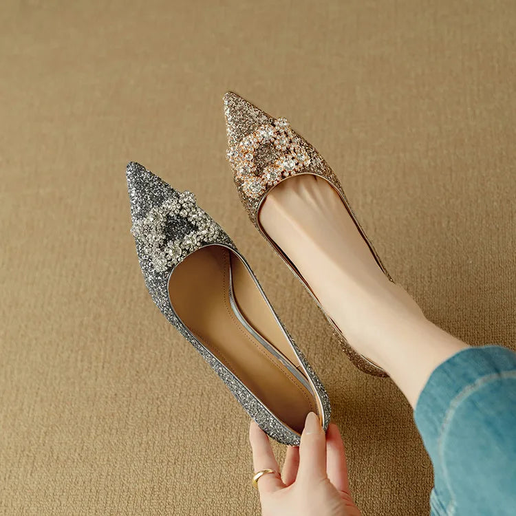 Women's Glitter Pumps Pointed Toe Crystal Buckle Heels