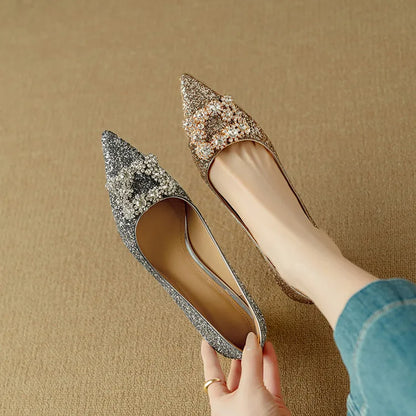 Women's Glitter Pumps Pointed Toe Crystal Buckle Heels