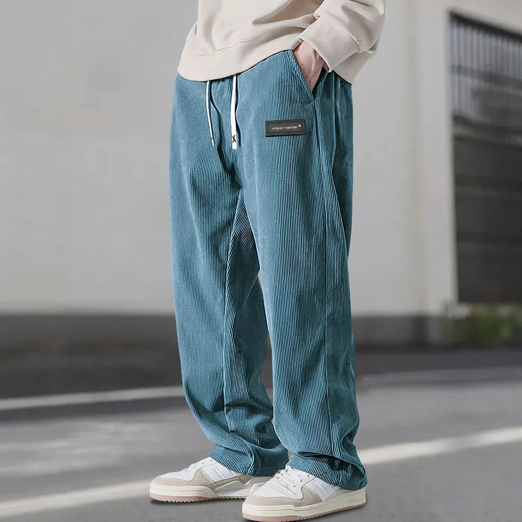 Men's Straight Leg Ribbed Pants Drawstring Waist