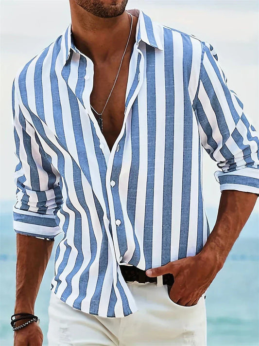 Men's Long Sleeve Shirt Vertical Stripes Button Front Spread Collar - 
Fashinoza