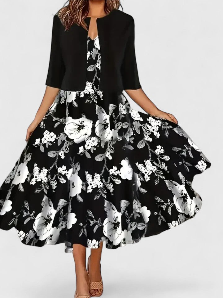 Women's Floral Midi Dress 3/4 Sleeve A-Line