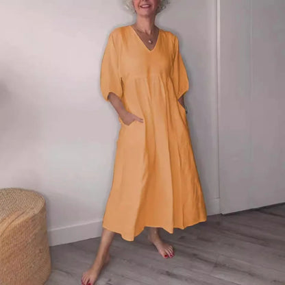 Women's V Neck Midi Dress Tummy Control with Pockets Casual - Fashinoza