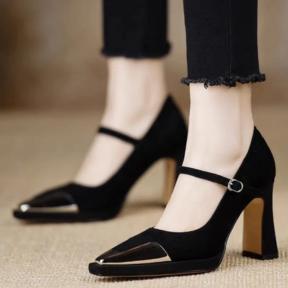 Women's Mary Jane Pumps Cap Toe Block Heel Strap