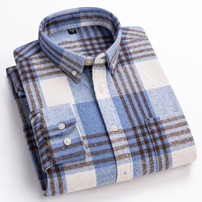 Men's Plaid Button Shirt Pointed Collar Chest Pocket