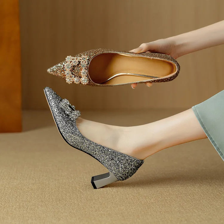 Women's Glitter Pumps Pointed Toe Crystal Buckle Heels